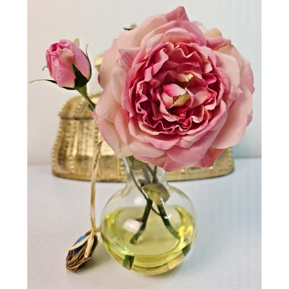 Vintage Faux Pink Cabbage Rose Silk Flower in Glass Vase with Bluebird Nest